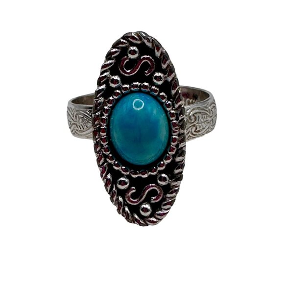 Vintage Ring Sarah Coventry Faux Turquoise Silver Tone Textured Adjustable Band - Picture 9 of 12